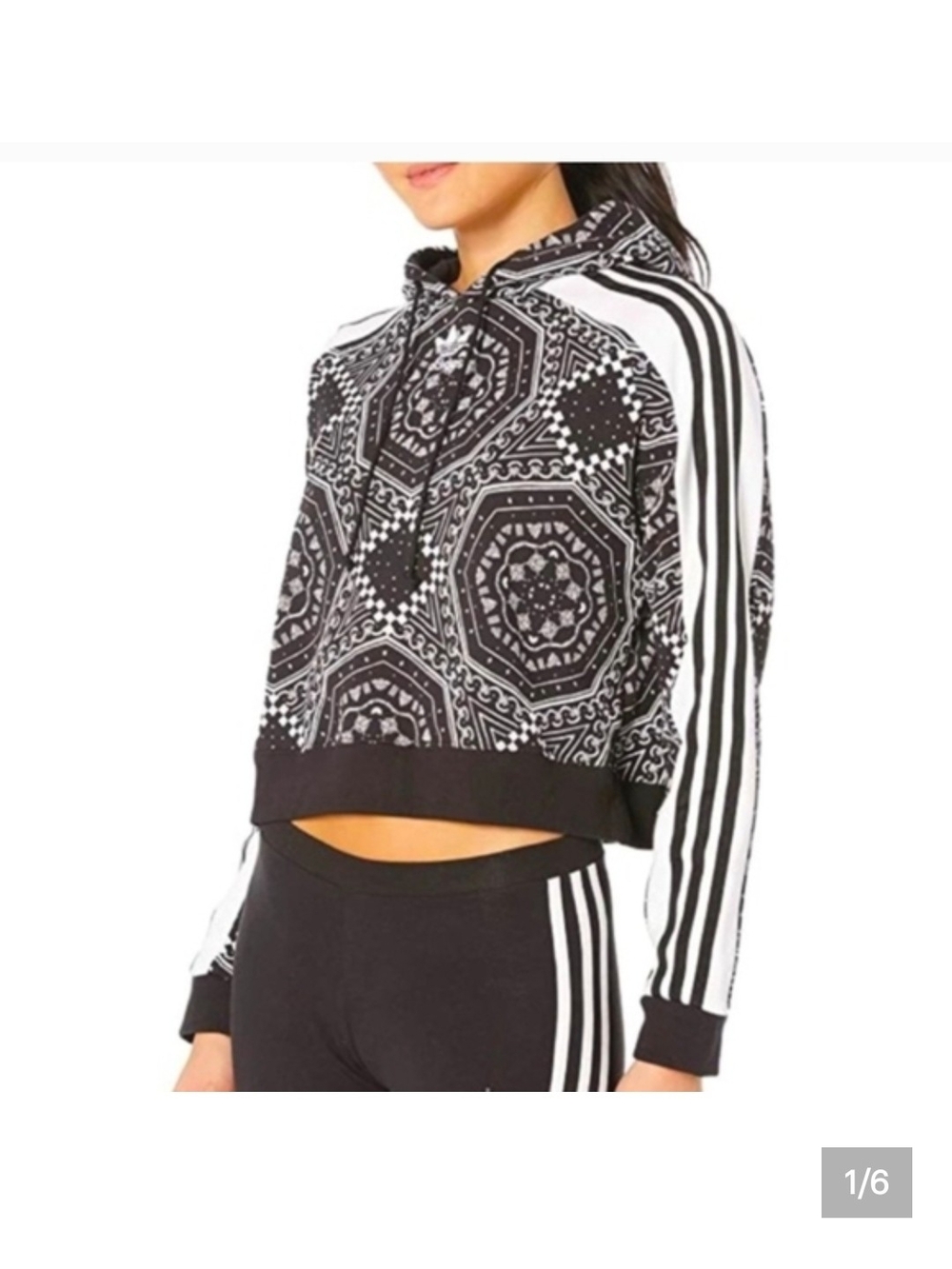 adidas Black & White Bandana Print Cropped Hoodie